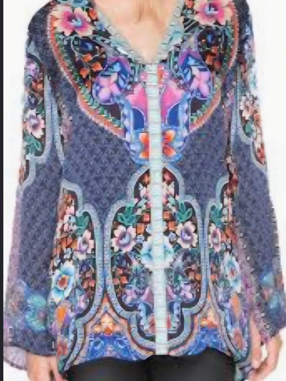 Johnny Was Navy Floral SILK Embroidered V-Neck Tunic P2P 21 1478 OVERSIZED SMALL